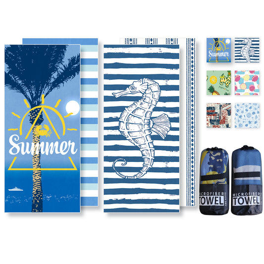 Microfibre Beach Towel - 2 Pack 180*80 cm Sand Free & Lightweight Beach Towels for Adults with 2 Storage Bags(Coconut tree and Seahorse)