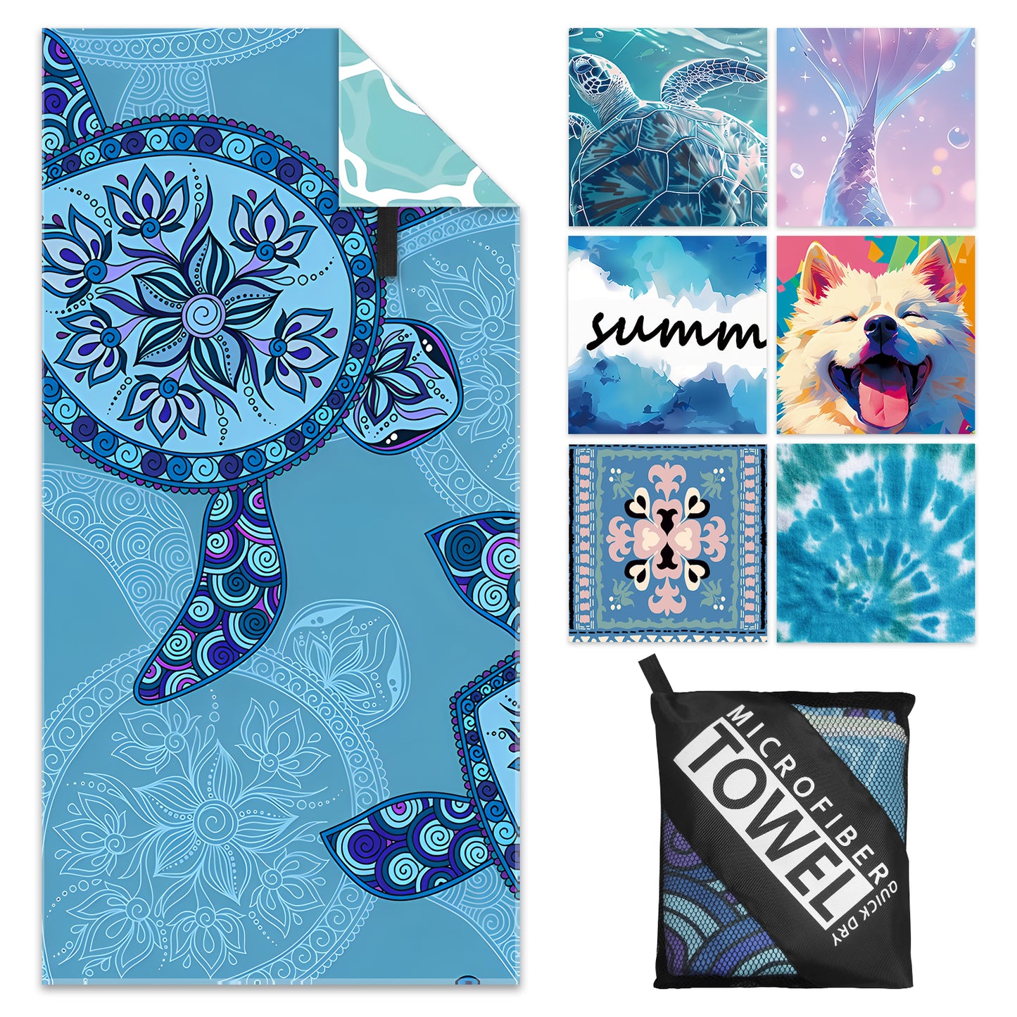 Microfibre Beach Towel - 180*100 cm Sand Free & Lightweight Beach Towels for Adults with Storage Bag(Light Blue Turtle)