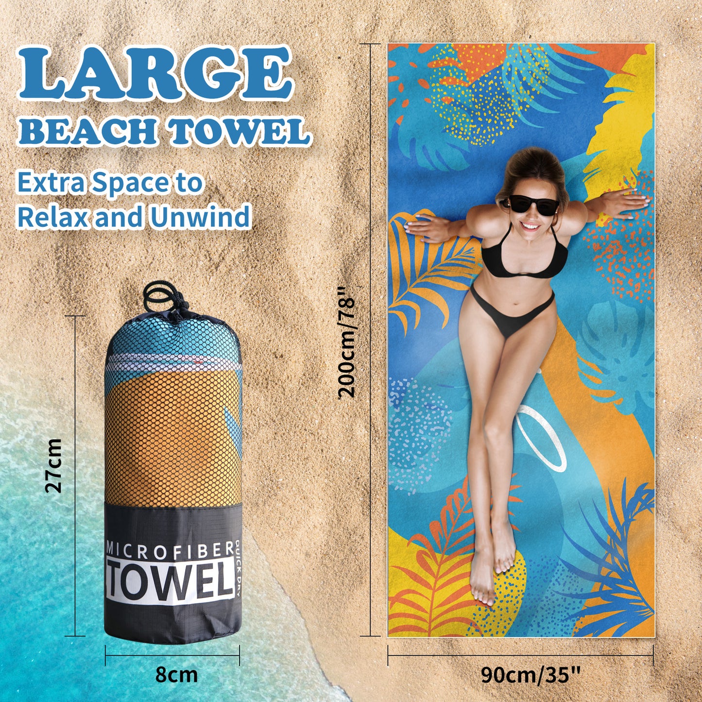 Beach Towels Oversized - 2 Pack 71"x 39" 250GSM Microfiber Beach Towels for Adults (Blue Pattern & Pink Flower)