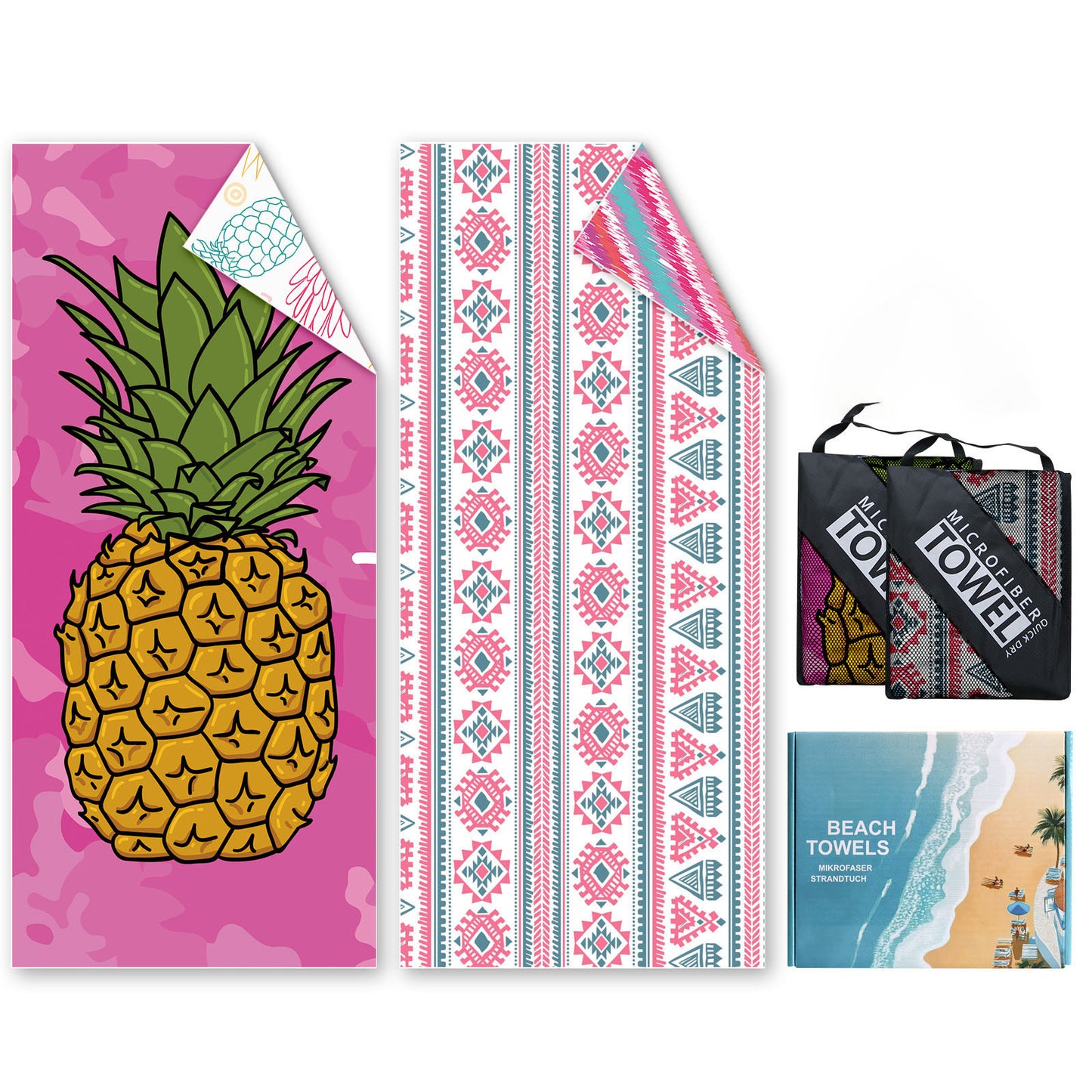 Beach Towels For Adults Extra Large - 2 Pack 200x90cm Lightweight Microfibre Beach Towel(Pineapple and Boho)