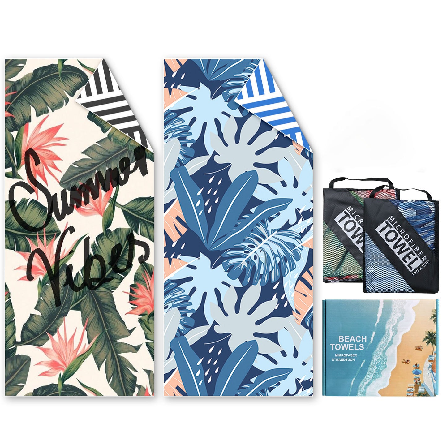 Beach Towels For Adults Extra Large - 2 Pack 200x90cm Lightweight Microfibre Beach Towel (Leaf)