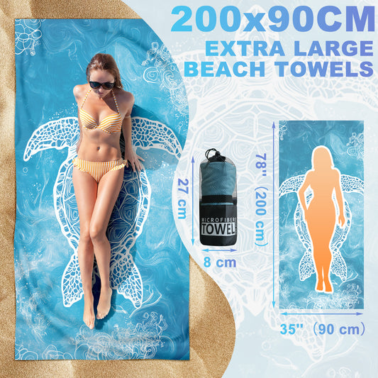 Beach Towels Oversized - 2 Pack 78'' X 35''(200 x 90 cm) 250 GSM Microfiber Beach Towels for Adults (Turtle and Flower)