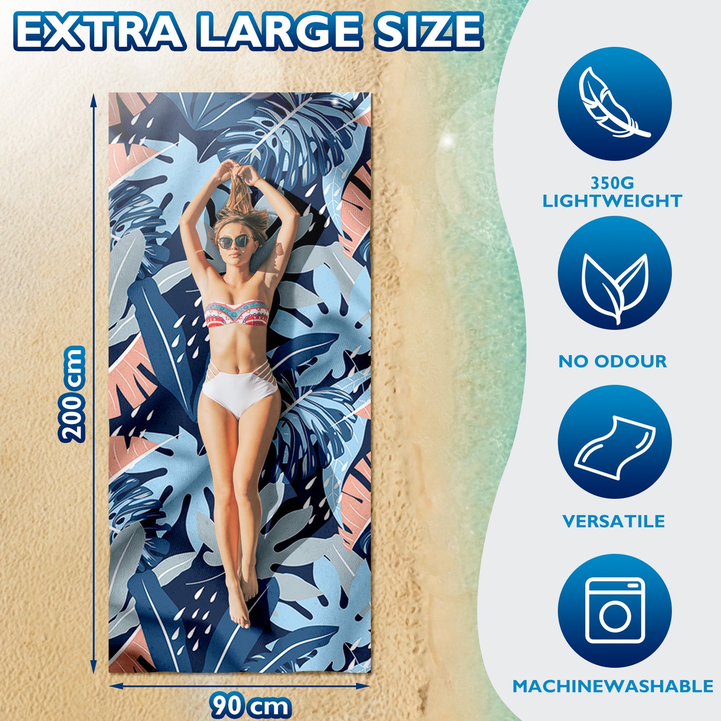 Beach Towels For Adults Extra Large - 2 Pack 200x90cm Lightweight Microfibre Beach Towel (Leaf)