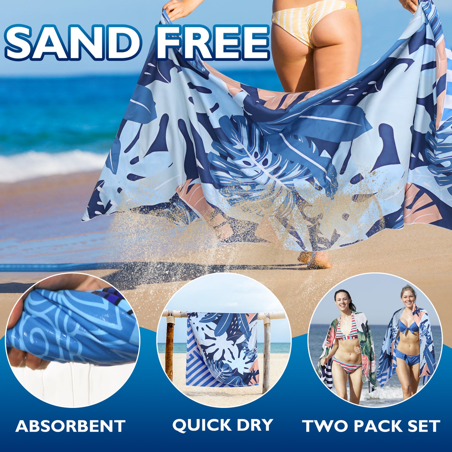 Beach Towels For Adults Extra Large - 2 Pack 200x90cm Lightweight Microfibre Beach Towel (Leaf)