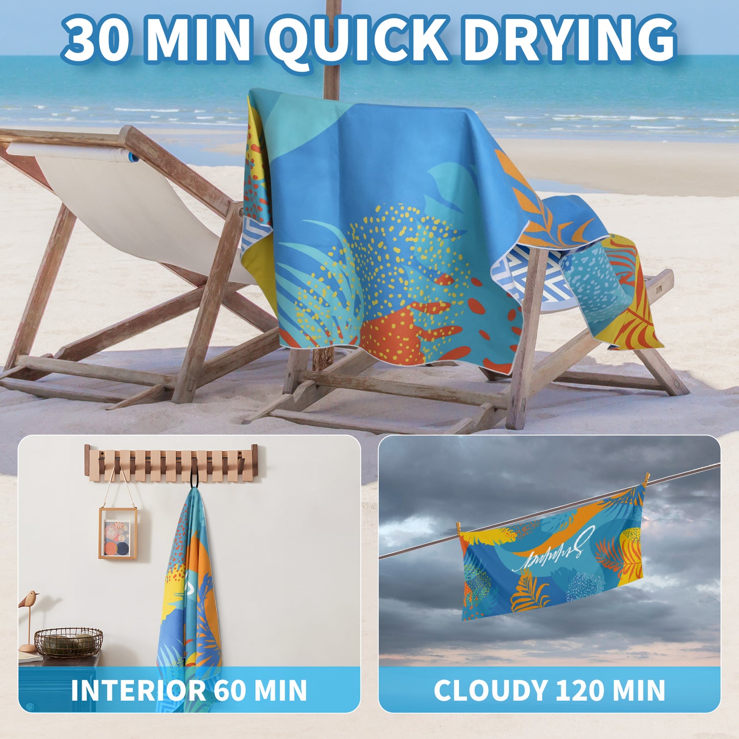 Beach Towels Oversized - 2 Pack 71"x 39" 250GSM Microfiber Beach Towels for Adults (Blue Pattern & Pink Flower)