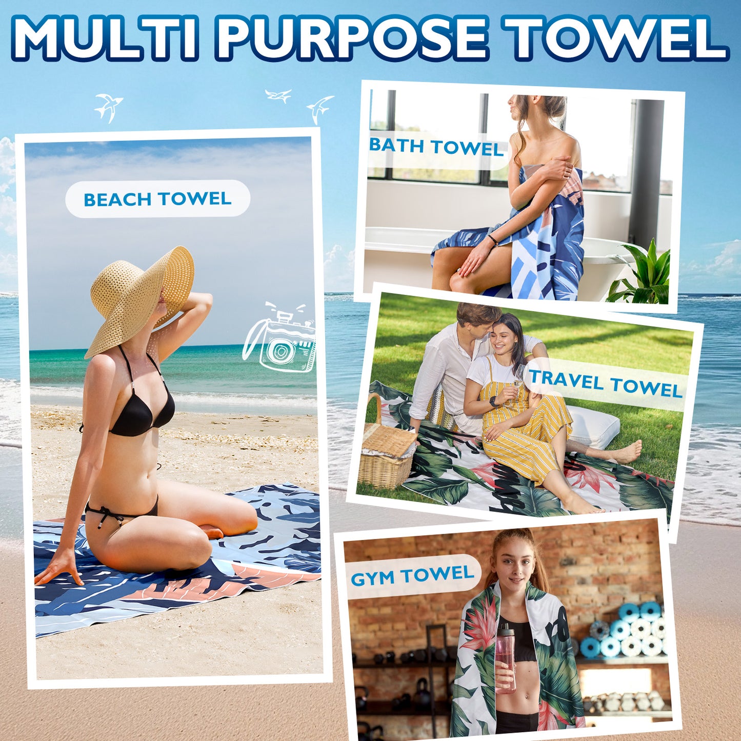 Beach Towels For Adults Extra Large - 2 Pack 200x90cm Lightweight Microfibre Beach Towel (Leaf)