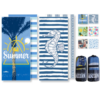 Microfibre Beach Towel - 2 Pack  180*80 cm Sand Free & Lightweight Beach Towels for Adults with 2 Storage Bags(Coconut tree and Seahorse)