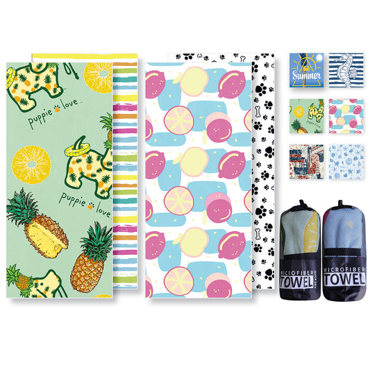 Microfibre Beach Towel - 2 Pack  180*80 cm Sand Free & Lightweight Beach Towels for Adults with 2 Storage Bags(Pineapple dog and Pink lemon)