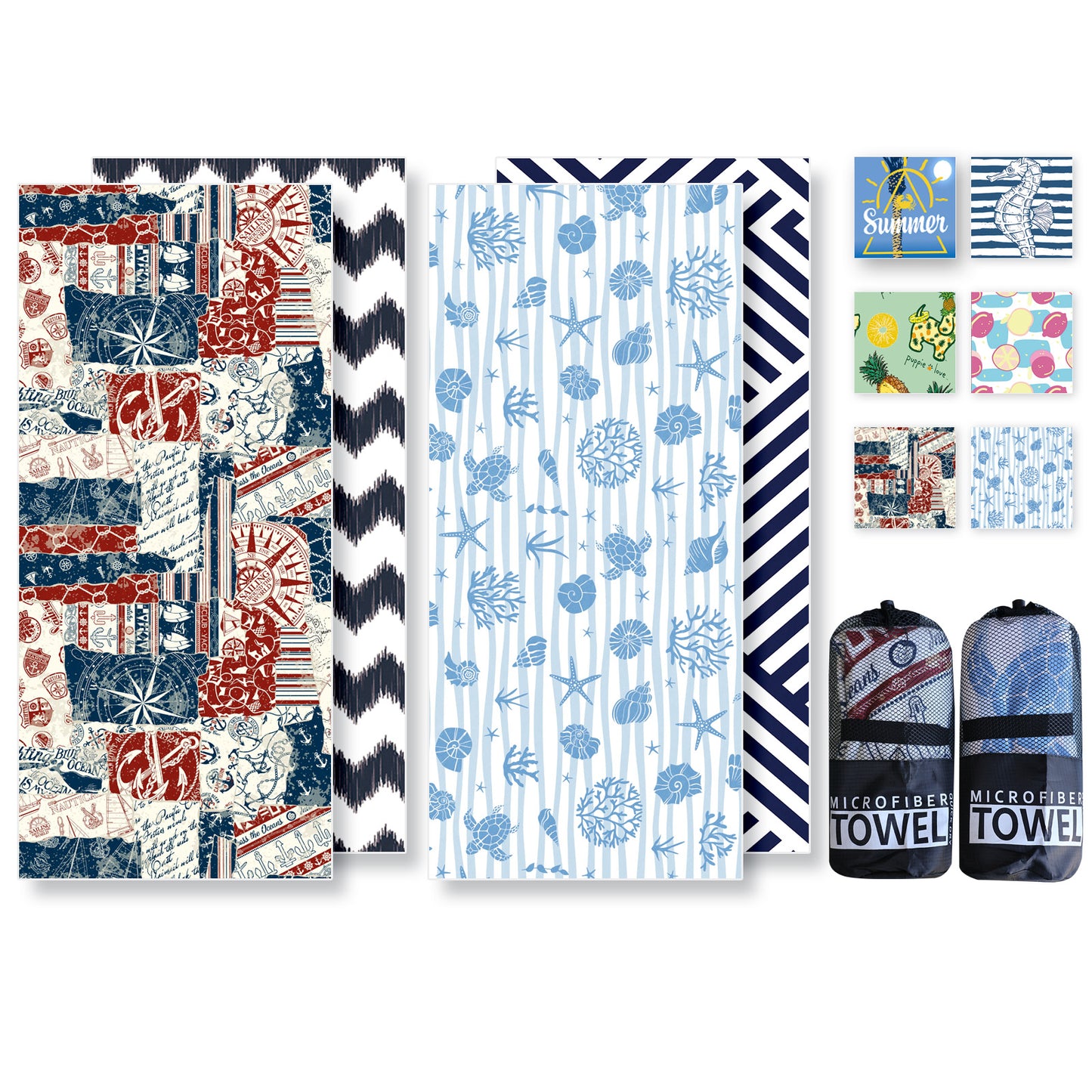 Microfibre Beach Towel - 2 Pack  180*80 cm Sand Free & Lightweight Beach Towels for Adults with 2 Storage Bags(British Retro and Stripes)