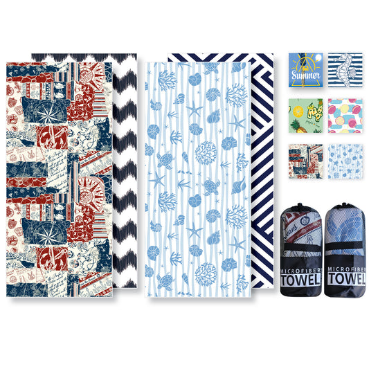 Microfibre Beach Towel - 2 Pack  180*80 cm Sand Free & Lightweight Beach Towels for Adults with 2 Storage Bags(British Retro and Stripes)