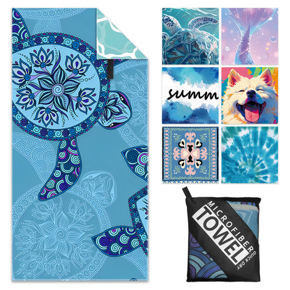 Microfibre Beach Towel - 180*100 cm Sand Free & Lightweight Beach Towels for Adults with Storage Bag(Light Blue Turtle)