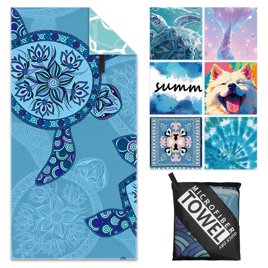 Microfibre Beach Towel - 180*100 cm Sand Free & Lightweight Beach Towels for Adults with Storage Bag(Light Blue Turtle)
