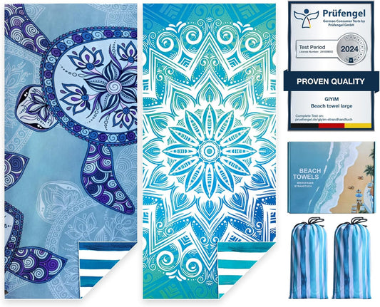 Beach Towels Oversized - 2 Pack 71"x 39" 250GSM Microfiber Beach Towels for Adults (Flower and Turtle)