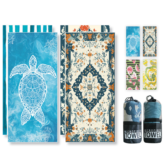 Beach Towels Oversized - 2  Pack  78'' X 35''(200 x 90 cm)  250 GSM Microfiber Beach Towels for Adults (Turtle and Flower)