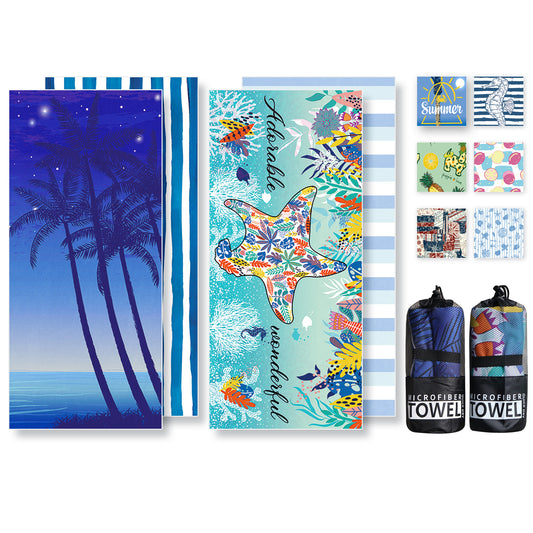 Microfibre Beach Towel - 2 Pack  180*80 cm Sand Free & Lightweight Beach Towels for Adults with 2 Storage Bags(Night Sky and Starfish)