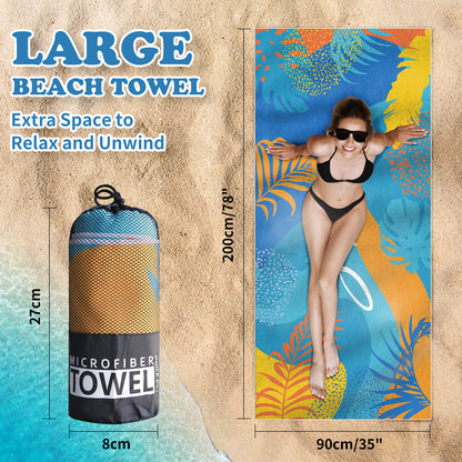 Beach Towels Oversized - 2 Pack 71"x 39" 250GSM Microfiber Beach Towels for Adults (Blue Pattern & Pink Flower)