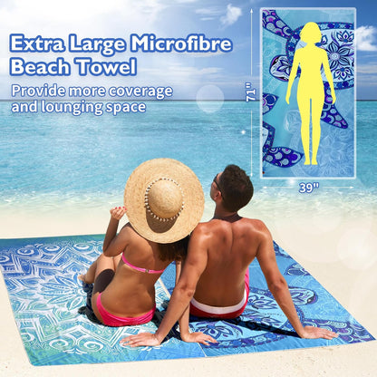Beach Towels Oversized - 2 Pack 71"x 39" 250GSM Microfiber Beach Towels for Adults (Flower and Turtle)