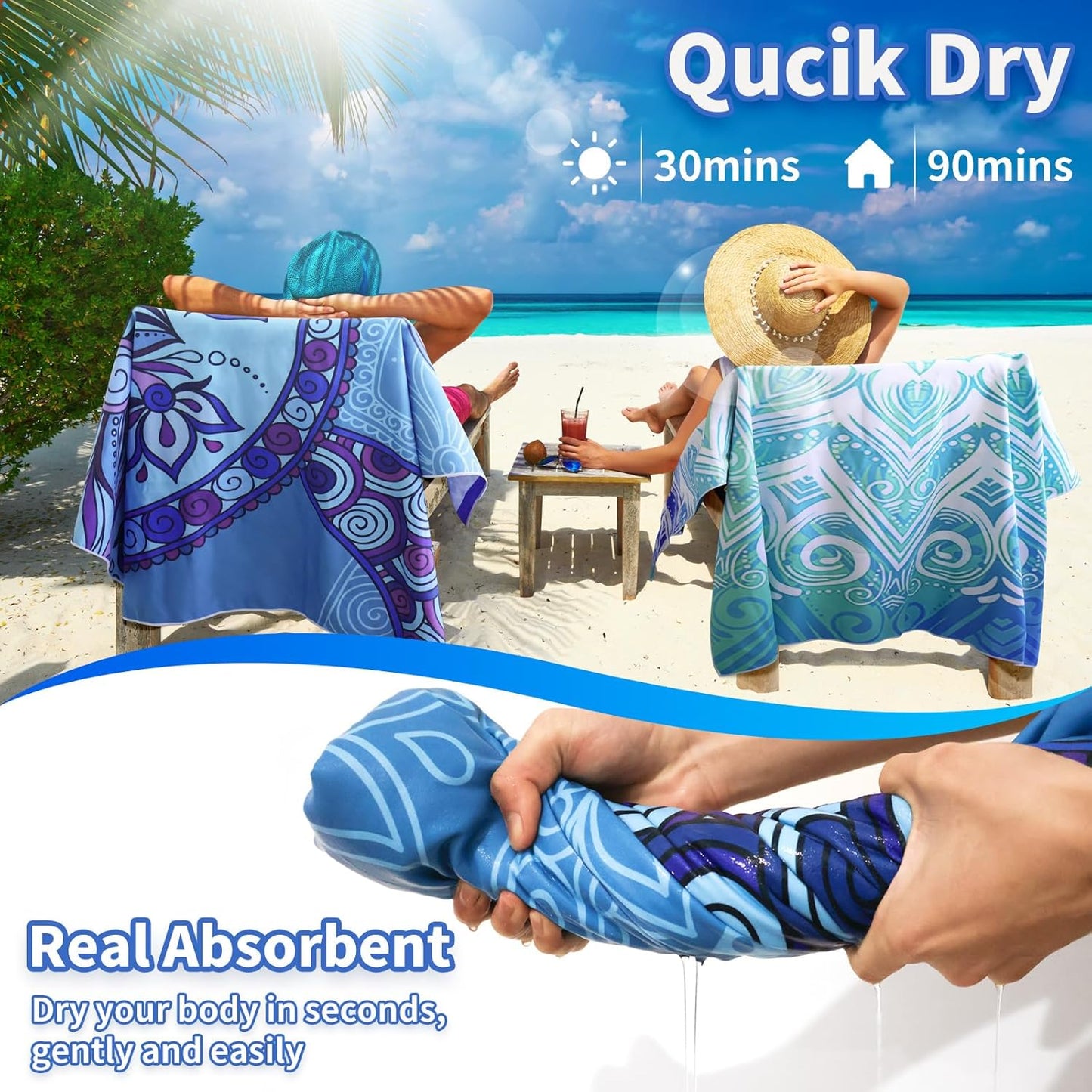 Beach Towels Oversized - 2 Pack 71"x 39" 250GSM Microfiber Beach Towels for Adults (Flower and Turtle)