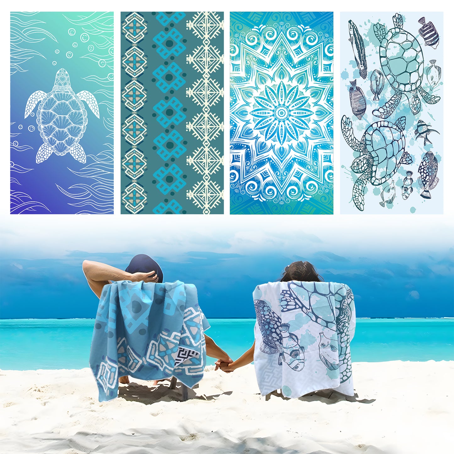 Beach Towels Oversized - 2 Pack 71"x 39" 250GSM Microfiber Beach Towels for Adults （Double Turtle）