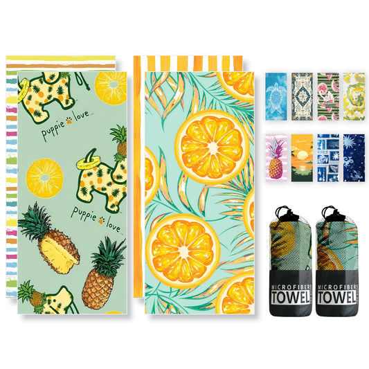 Beach Towels Oversized - 2 Pack 78'' X 35''(200 x 90 cm)  250 GSM Microfiber Beach Towels for Adults (Pineapple Dog and Lemon)