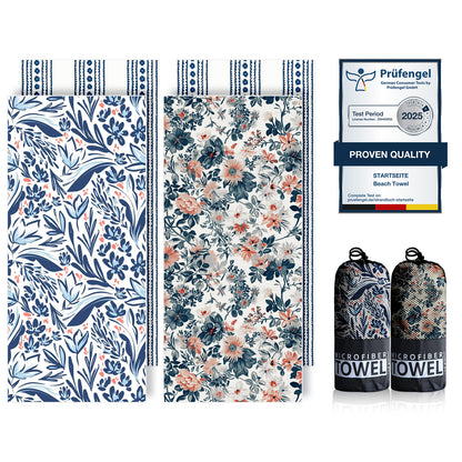 Beach Towels Oversized - 2 Pack 71"x 39" 250GSM Microfiber Beach Towels for Adults (Blue Pattern & Pink Flower)