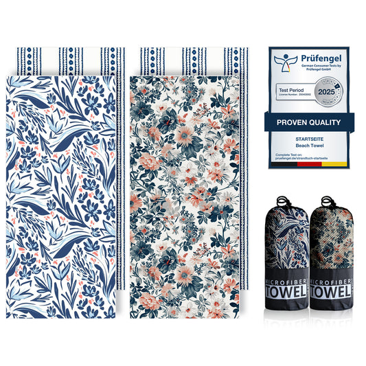 Beach Towels Oversized - 2 Pack 71"x 39" 250GSM Microfiber Beach Towels for Adults (Blue Pattern & Pink Flower)